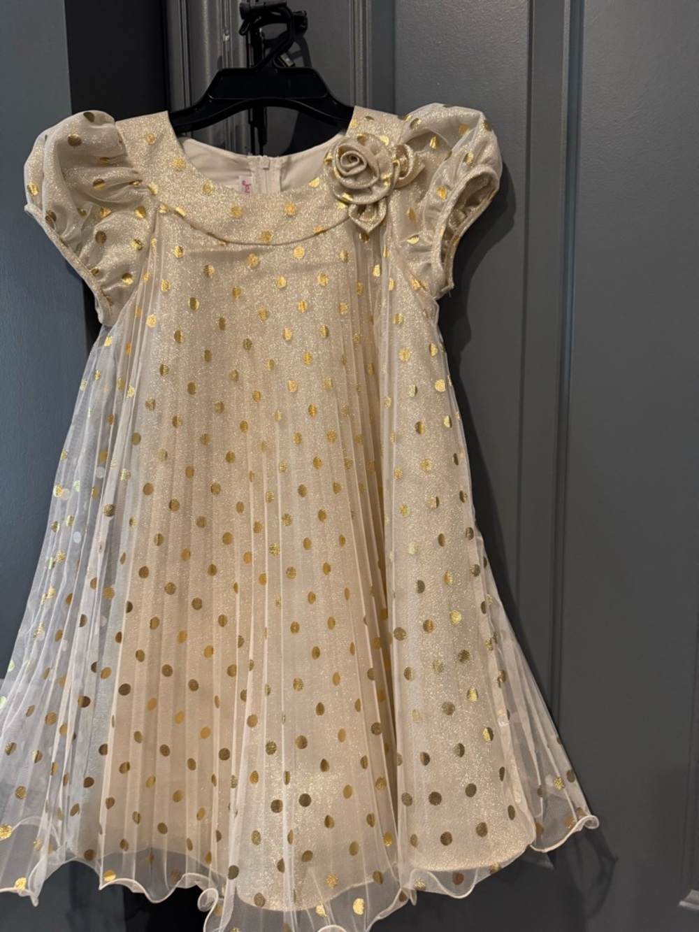 Jessica Ann Ivory and Gold Dot Girls Dress with Rosette
